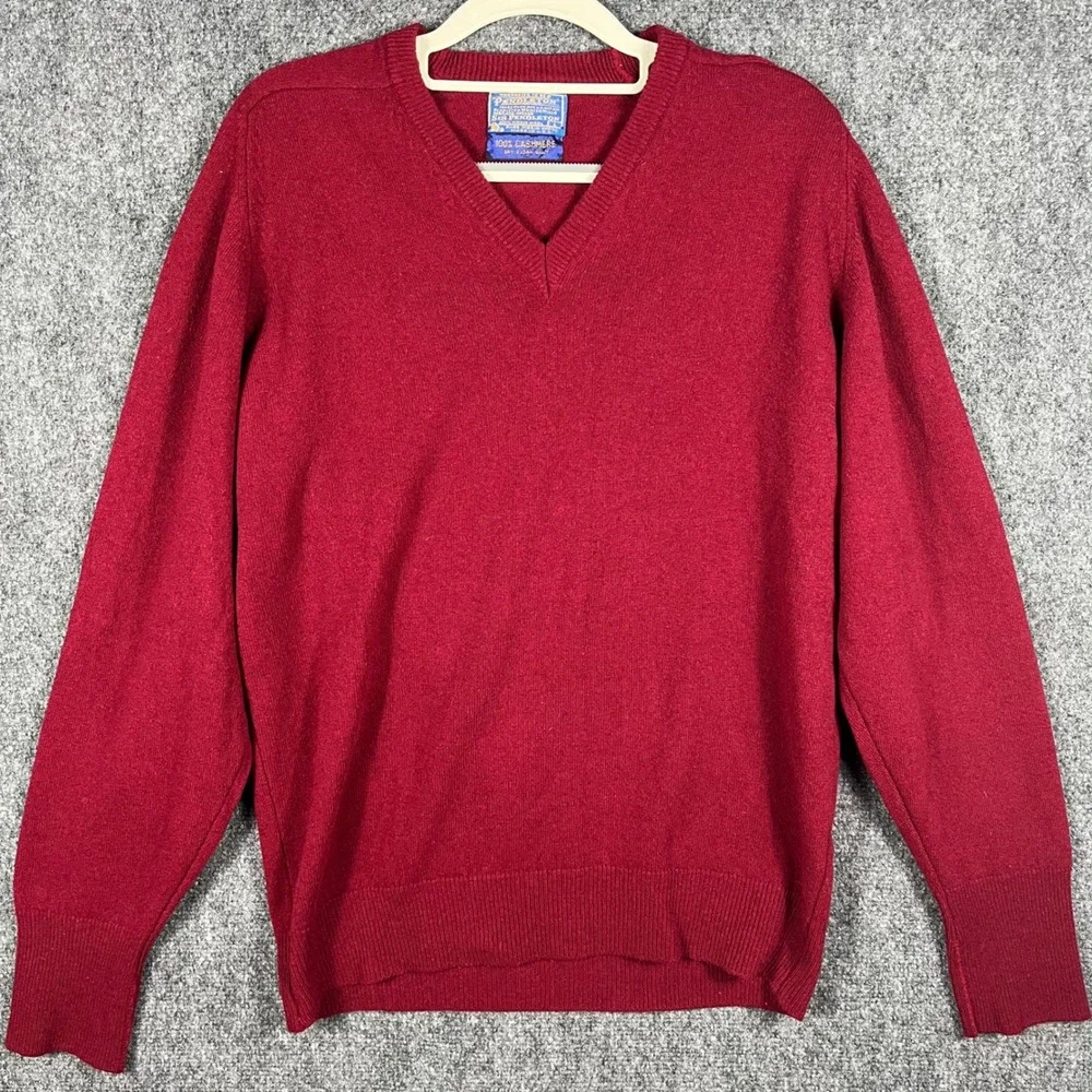 Vintage Pendleton V-Neck Sweater Mens Large Burgundy Red 100% Cashmere USA Made